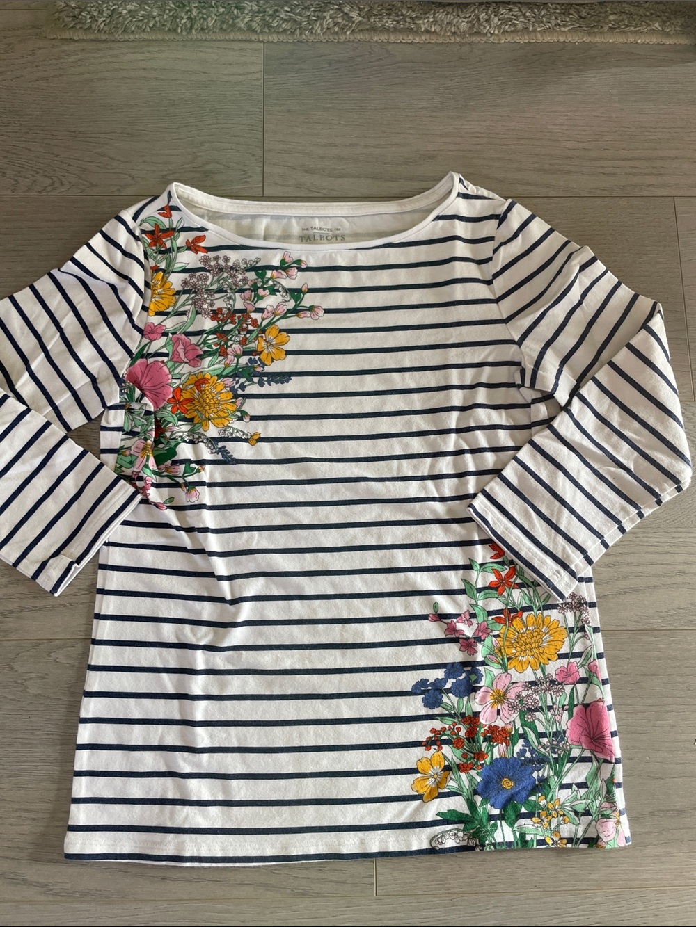 Talbots White and Navy Striped 3/4 Sleeve Top with Floral Accents